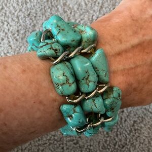 Vintage Turquoise Stone Chunky Beaded Silver Cuff Bracelet Jewelry, Amazing!